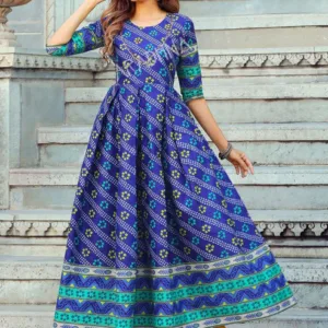 Blue Printed Flared Cotton Long Kurti