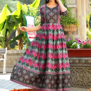Multicolor Printed Flared Cotton Long Kurti