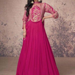 Dark Pink Chinon Silk Embellished Anarkali Kurti With Dupatta