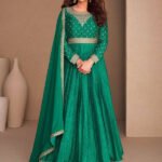 Embellished Green Chinon Silk Zari Stitched Gown with Dupatta