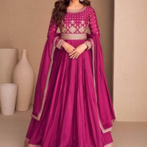 Embellished Magenta Chinon Silk Zari Stitched Gown with Dupatta
