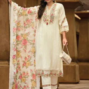 Floral Yoke Embroidered Stitched Suit Set With Dupatta