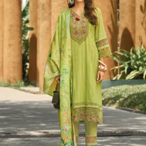 Floral Yoke Embroidered Stitched Suit Set With Dupatta