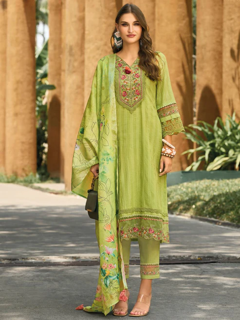 Floral Yoke Embroidered Stitched Suit Set With Dupatta