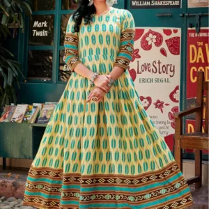 Beige Ikat printed Rayon Flared Long Kurti with Border