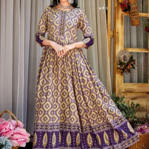 Purple Ikat Printed Rayon Designer Long Kurti