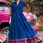 Blue Rayon Ikat Printed Flared Long Kurti with Border