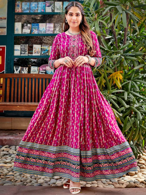 Hot Pink Rayon Ikat Printed Designer Long Kurti with Border