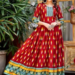 Maroon Rayon Ikat Printed Flared Long Kurti