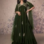 Olive Green Chinon Silk Embellished Anarkali Kurti With Dupatta