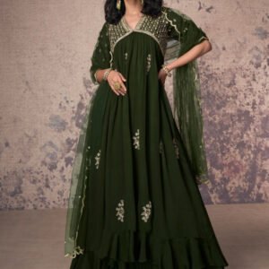 Olive Green Chinon Silk Embellished Anarkali Kurti With Dupatta