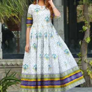 White Printed Flared Cotton Long Kurti