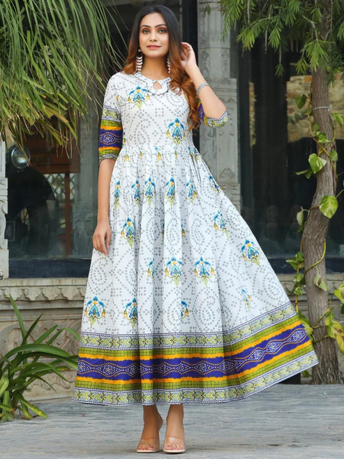White Printed Flared Cotton Long Kurti