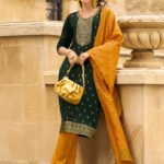 Yoke Embroidered Bottle Green Muslin Jacquard Stitched Suit Set