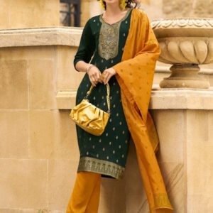 Yoke Embroidered Bottle Green Muslin Jacquard Stitched Suit Set