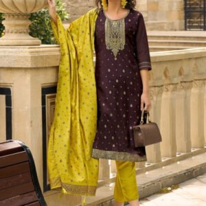 Yoke Embroidered Coffee Muslin Jacquard Stitched Suit Set