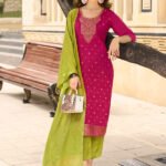 Yoke Embroidered Dark Pink Muslin Jacquard Stitched Suit Set