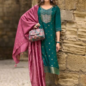 Yoke Embroidered Green Muslin Jacquard Stitched Suit Set