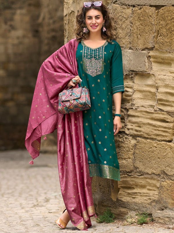 Yoke Embroidered Green Muslin Jacquard Stitched Suit Set