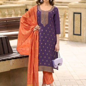 Yoke Embroidered Purple Muslin Jacquard Stitched Suit Set
