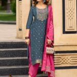 Yoke Embroidered Teal Muslin Jacquard Stitched Suit Set
