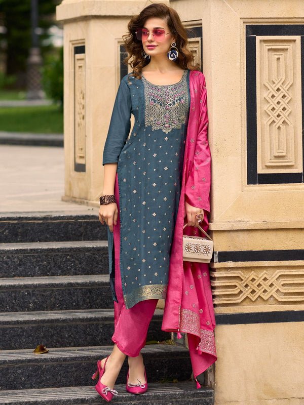 Yoke Embroidered Teal Muslin Jacquard Stitched Suit Set